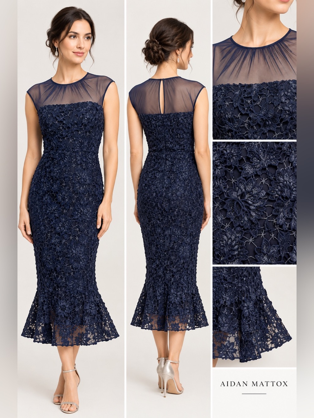 Aidan Mattox Metallic Floral Lace Midi Dress Navy 6
